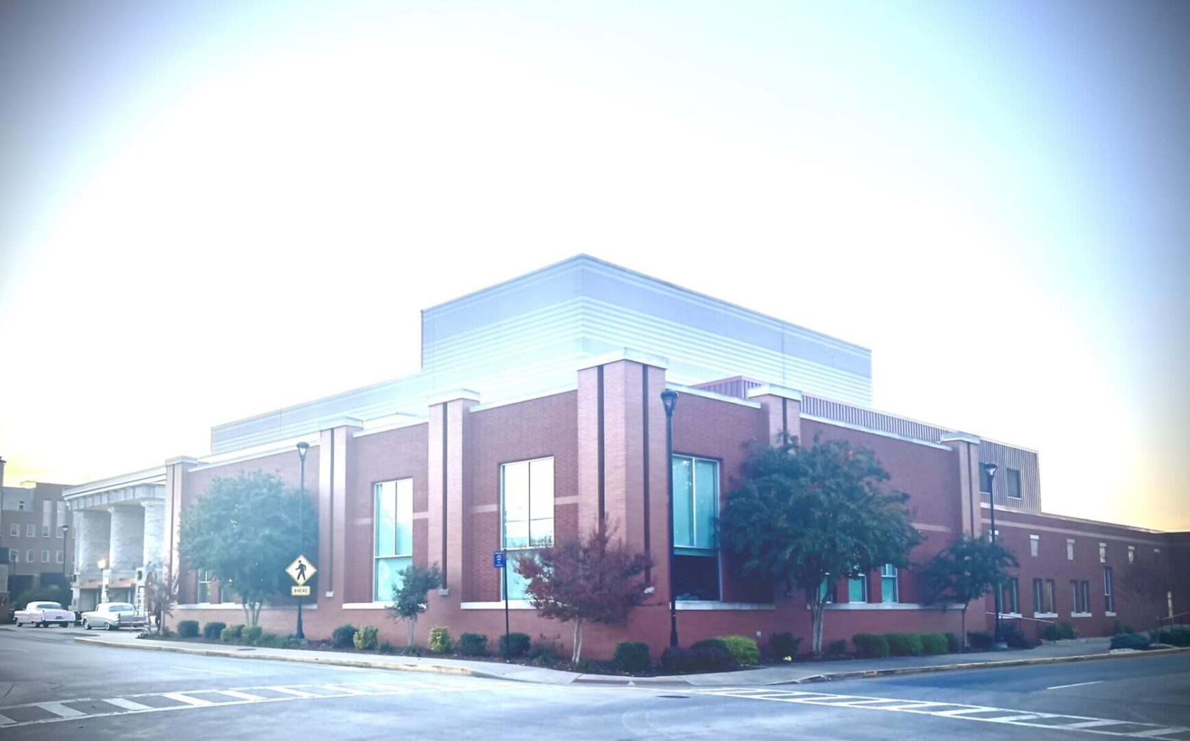 Brick civic building on a quiet street corner