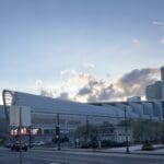 Bridgestone Arena and downtown skyline at dusk