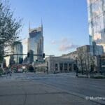 Downtown skyline with distinctive glass skyscraper