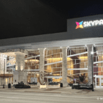 SKYPAC building lit up at night